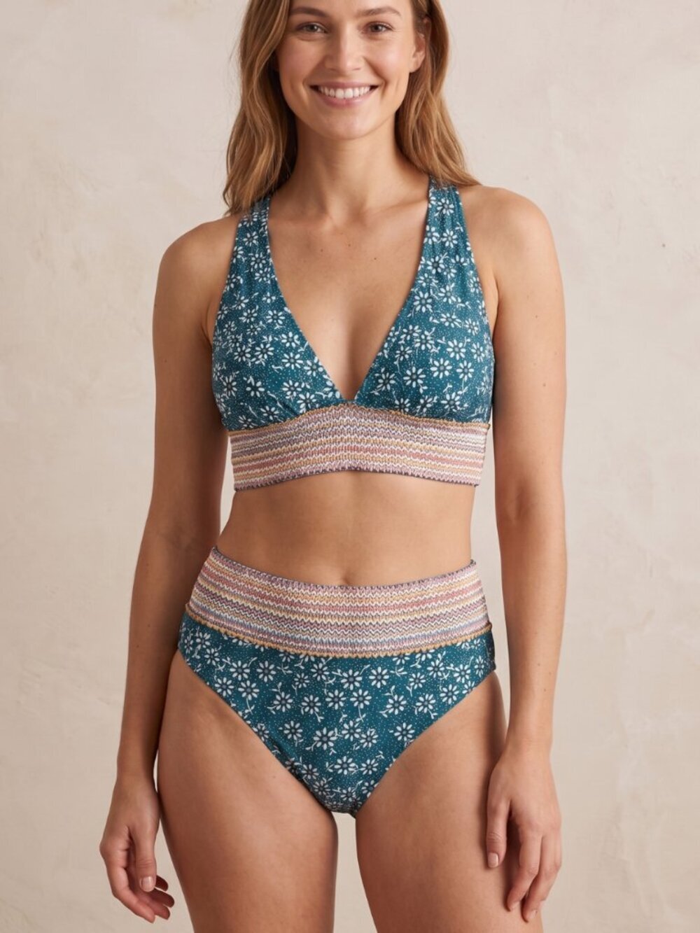 NWT | VIMPUNEC Teal Floral High Waisted Bikini Set Smocked Zig Zag Trim | Small